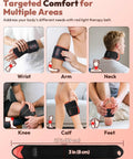 Collage of No Cords Red Light Therapy Wearable Wrist Massager in use on wrist, arm, neck, knee, calf, feet with sizes shown.