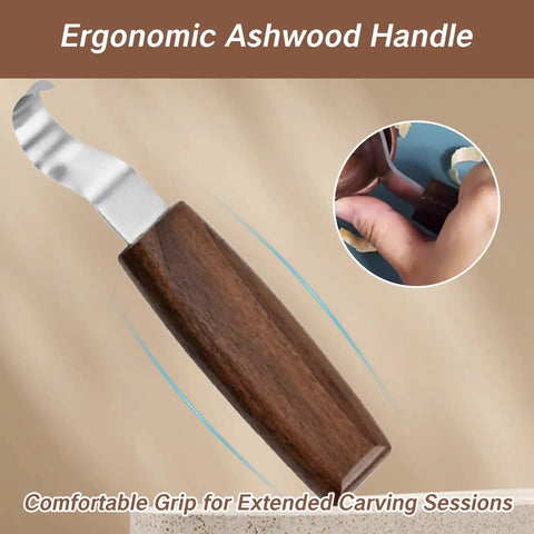Ergonomic ashwood handle of a Rugged Reliable Hook Knife With Leather Sheath For Wood Carving Sweet Precision Spoon And Bowl Gouge Kit.