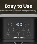 Compact Four Quart Air Fryer With Digital Touchscreen And Four Smart Presets displays intuitive controls for easy cooking.