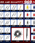 969 Piece Connector Pins Kit And Crimp Tool Set for pro-grade automotive wiring, showing various pin types and quantities.
