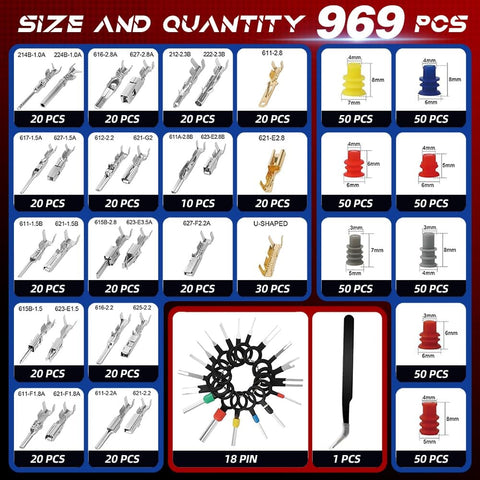 969 Piece Connector Pins Kit And Crimp Tool Set for pro-grade automotive wiring, showing various pin types and quantities.