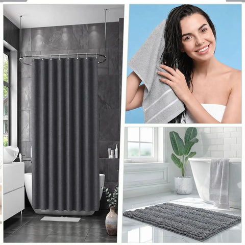 Totally Must-Have 4 Piece Bathroom Accessories Set With Waffle Shower Curtain And Chenille Bath Mat, 2 Absorbent Towels, 8 Sturdy Hooks