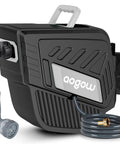 Wall Mount Retractable Garden Hose Reel With One Half Inch By One Hundred Foot Hose, Slow Auto Rewind, brass fittings visible