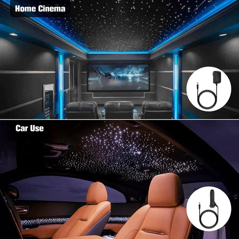 Lit 400 Piece Starlight Fiber Optic Headliner Kit 9.8 Feet Long 0.03 Inch Diameter RGBW Roof Lights in car and home theater.