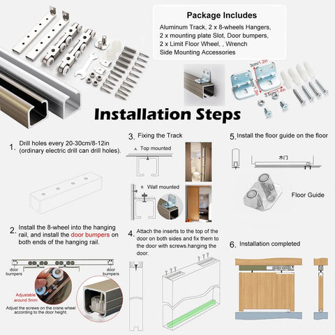Built Tough Heavy Duty Sliding Barn Door Hardware Track Kit, includes installation steps, components, and assembly guide.