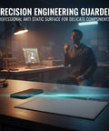 Pro Grade Silicone Electronics Repair Mat With Heat Resistant Anti Static Surface on a workbench with man in background.
