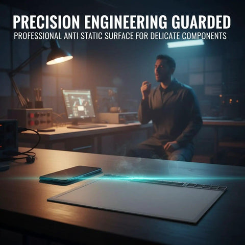 Pro Grade Silicone Electronics Repair Mat With Heat Resistant Anti Static Surface on a workbench with man in background.