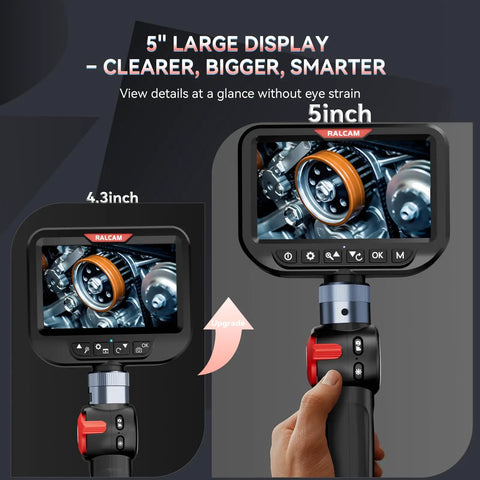 Ultra Slim 3mm Two-Way Articulating Borescope Endoscope Camera With Light, HD display showing engine, flexible stainless steel scope
