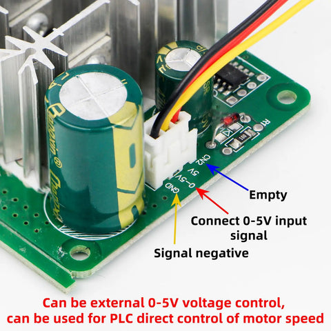 Close-up of PWM DC Brushed Motor Speed Controller 6V-90V, 8A Continuous Current with 0-5V input control and connection guide.