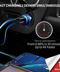 Dual Pd Car Charger 45W With Qc 3.0 Usb Port And Four Foot Cord Compatible With Iphone 17 16 15 Samsung Galaxy S25 S24 S23 charging two devices with illuminated port in a car.