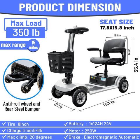 Four Wheel Electric Mobility Scooter for Adults and Seniors, 250W Motor, 24V Battery, 15 Mile Range, with seat and wheels visible.