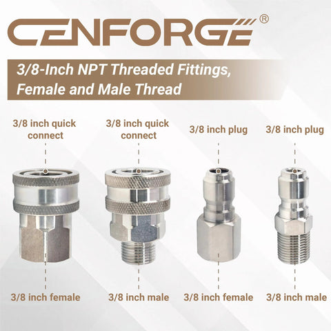 Cenforge 3/8-inch stainless steel quick-connect fittings set, front view showing 2 quick-connects (female/male) and 2 plugs