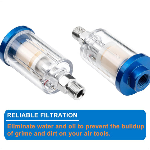 Inline Air Dryer And Water Oil Separator For Compressors 1/4 Inch NPT Moisture Filter Two Pack with blue caps