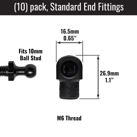 Heavy Duty Kickass Gas Strut End Fittings For 10Mm Ball Stud With Reinforced Metal C Clip ABS Plastic Replacement hardware with dimensions