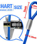 4ft Steel Security Cable With Loops For Luggage Bike Lock And Outdoor Gear Weatherproof Flexible Wire Rope Heavy Duty PVC Coated Steel Cable Built For Travel Lock Down Toolbox And Security Needs Pack Of 2 showing close-up of loop and size chart measurements