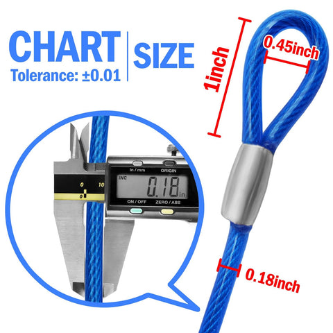 4ft Steel Security Cable With Loops For Luggage Bike Lock And Outdoor Gear Weatherproof Flexible Wire Rope Heavy Duty PVC Coated Steel Cable Built For Travel Lock Down Toolbox And Security Needs Pack Of 2 showing close-up of loop and size chart measurements