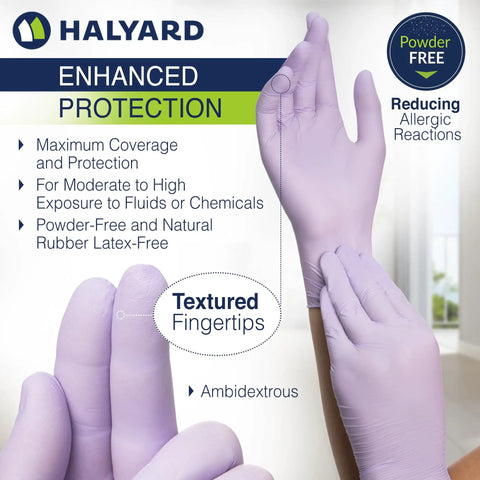 Lavender Nitrile Exam Gloves 3.1 Mil 9.5 Inches Medium All Day Comfort Box Of 250 Powder Free Non Sterile Disposable Gloves With Low Dermatitis Potential And Chemical Resistance For Fentanyl And Gastric Acid Per ASTM D6978 showing hands wearing gloves with enhanced protection and textured fingertips.