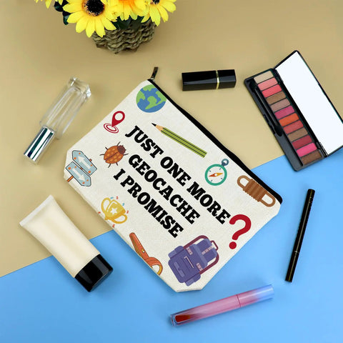 Geocaching Themed Makeup Bag For Women, Outdoor Treasure Hunter Gift, 10x7 inch, with cosmetics, double-sided print, zipper pouch