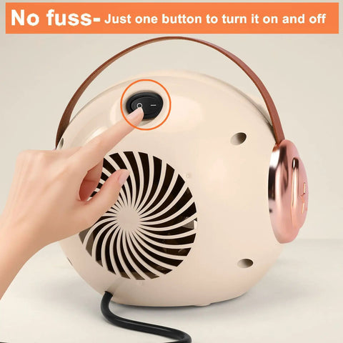 Back view of Compact Desk Heater For Office And Home Personal 500W PTC Ceramic Space Heater with a finger pressing the power button.