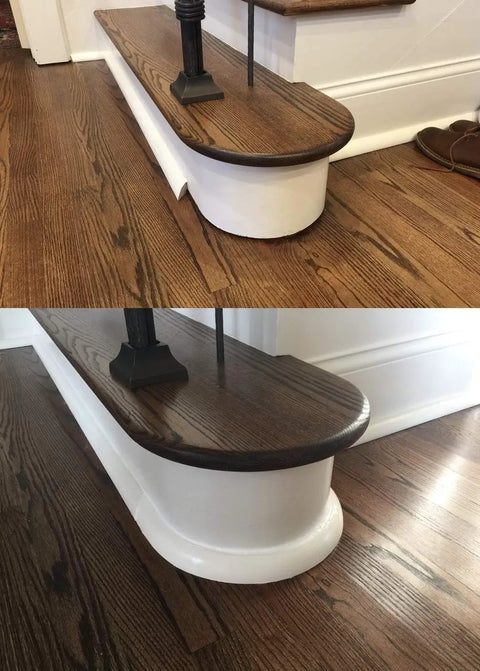 Flexible Base Shoe Molding 1/2 Inch By 3/4 Inch, 8 Feet Long, Waterproof And Made In The USA, installed on curved staircase base.