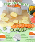 Front view of Suuker large crinkle cutter with wooden handle slicing potatoes on a cutting board.