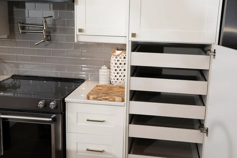 Solid Core Kitchen Cabinet Pulls With Luxe Golden Nickel Finish For Doors And Dressers, 12 Inch Center shown on white cabinets
