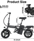 Product dimensions of Dope Folding Electric Bike For Adults And Teens, Ultra Compact 14 Inch Ebike with 560W Motor shown.