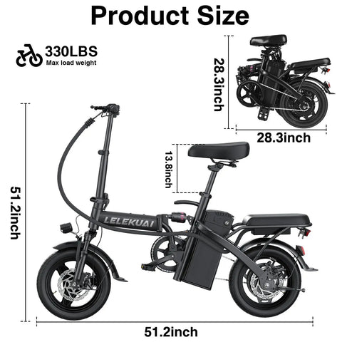 Product dimensions of Dope Folding Electric Bike For Adults And Teens, Ultra Compact 14 Inch Ebike with 560W Motor shown.