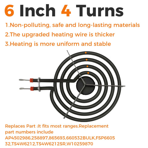 6 Inch MP15YA Electric Range Burner Coil Element 1500W Four Turn Replacement 660532 for Whirlpool Cooktops