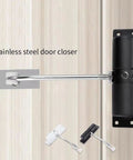 Side view of adjustable double spring door closer with self closing mechanism easy to install quiet aluminum alloy door closer for home office garage shed garden and more.