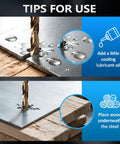 Tips for using a 29-Piece M35 Cobalt Drill Bit Set for Steel and Hardened Metals, drilling through metal with lubricant and wooden support
