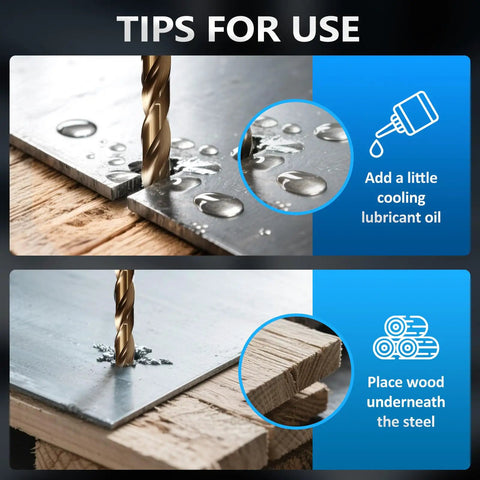 Tips for using a 29-Piece M35 Cobalt Drill Bit Set for Steel and Hardened Metals, drilling through metal with lubricant and wooden support