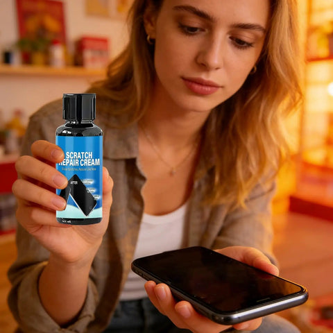 Person holding Phone Screen Scratch Remover And Glasses Scratch Repair Cream with Sponge Quick Fix Polish Paste.