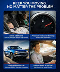 Collage of a child in a car seat, a fuel gauge, a pickup truck, and a smiling driver, highlighting car performance and comfort features.