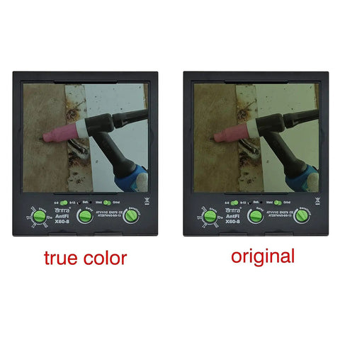 Comparison of True Color Auto Darkening Welding Helmet With Large Window For Crystal Clear Vision And Shade Range Four To Thirteen, Low TIG Amp Two Amps, Pro Grade Eye Protection For Welders showing true color and original lens views.