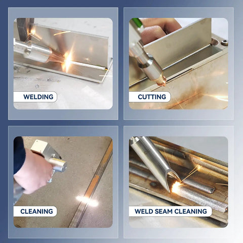 Heavy Duty Handheld Fiber Laser Welder 1200W Portable Four In One Metallic Cutter And Rust Remover With Water Cooled Aluminum Housing during welding and cleaning.