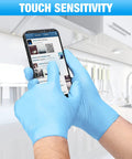Person wearing Tough As Nails Nitrile Exam Gloves Large 1000 Count Powder Free Textured Fingertips Medical Grade Protection using phone