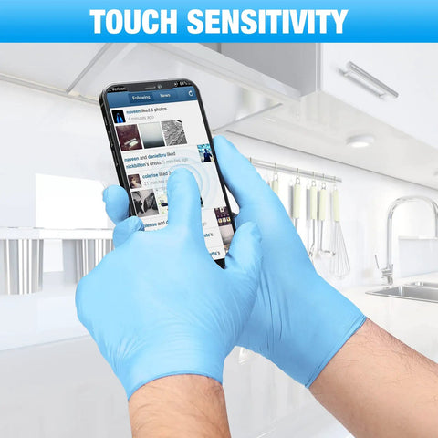 Person wearing Tough As Nails Nitrile Exam Gloves Large 1000 Count Powder Free Textured Fingertips Medical Grade Protection using phone