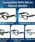 Compatible glasses models for adjustable LED light blocking covers, fits Wayfarer Skyler Headliner Gen 2 and Oakley Meta, day and night use.