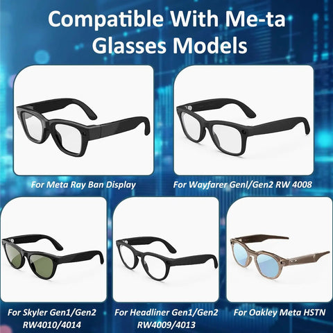 Compatible glasses models for adjustable LED light blocking covers, fits Wayfarer Skyler Headliner Gen 2 and Oakley Meta, day and night use.