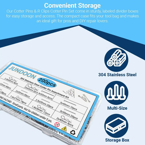 304 Stainless Steel Cotter Pins and R Clips All In One Assortment Kit case showing labeled storage compartments.