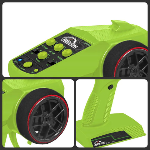 Green and black 4CH 2.4G RC Transmitter with receiver, lanyard, and anti-jamming controls for RC cars and boats, pro grade system