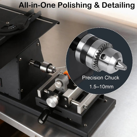 Close-up of 5 In One Lapidary Machine With 1850W Motor And 180mm Diamond Blade showing precision chuck on metal surface.