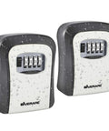 Two Pack Key Lock Box Wall Mount Four Digit Combination Safe For Outdoor Keys Waterproof Weatherproof Key Hider With Dust Proof Cover And Mounting Kit Gray, showing two gray lock boxes with rain droplets.