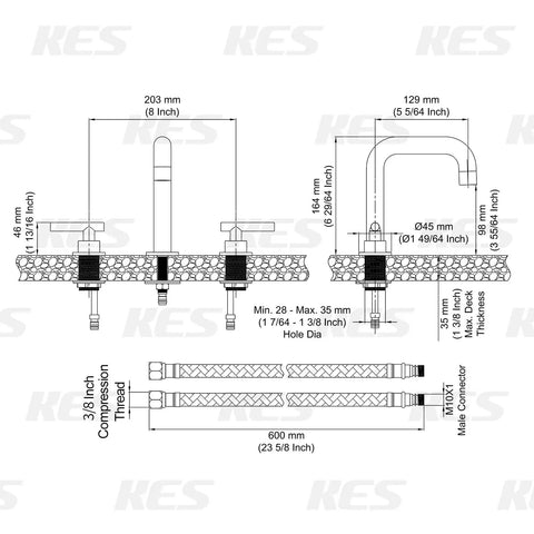 Diagram of Matte Black Widespread Bathroom Faucet, 8 Inch Three Hole Modern Vanity Sink With Two Handles, Solid Brass Construction, Includes Supply Hoses