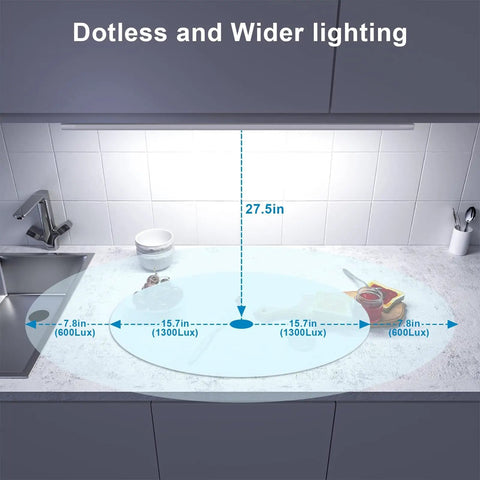 Plug In 24 Inch Under Cabinet Light Bar With Wave Sensor illuminating kitchen countertop, showing light spread and measurements
