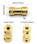 8 Pack Brass Shaft Couplings 3mm To 3.17mm With Screws For Small Motors, 9mm Outer Diameter, shown with measurement details
