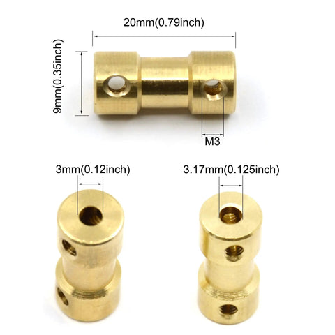 8 Pack Brass Shaft Couplings 3mm To 3.17mm With Screws For Small Motors, 9mm Outer Diameter, shown with measurement details