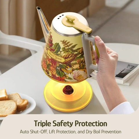 Retro 1L Electric Kettle Cordless 800W Fast Boil Double Wall 304 Stainless Steel BPA Free Auto Shut Off Compact One Cup Brew Buddy For Tea And Coffee Eduardo Recife Collaboration Edition with floral print on table
