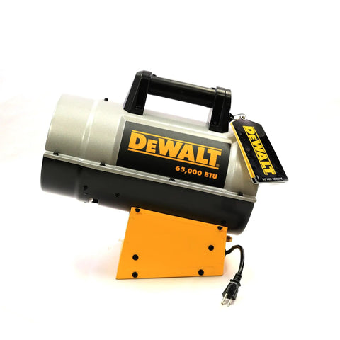 Heavy Duty 65000 BTU Forced Air Propane Heater Packed With Quiet Burner Tech And No Fuss Thermostat side view on white background.